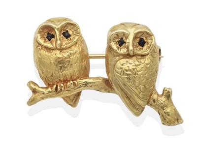 Lot 2095 - An 18 Carat Gold Owl Brooch, by Harriet Glen, modelled as a pair of owls with sapphire set...