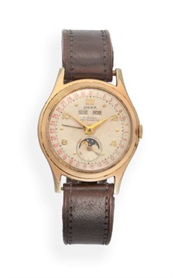 Lot 2146 - A Plated Triple Calendar Moonphase Wristwatch, signed Oska, circa 1960, lever movement,...