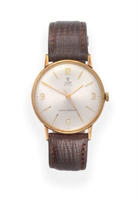 Lot 2150 - A 9ct Gold Centre Seconds Wristwatch, signed Tudor, model: Royal, Shock Resisting, circa 1955,...