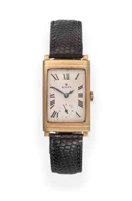 Lot 2152 - An Art Deco 9ct Gold Rectangular Wristwatch, signed Rolex, 1937, lever movement signed,...