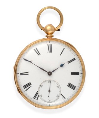 Lot 2170 - An 18ct Gold Open Faced Pocket Watch, 1873, lever movement numbered 34666, enamel dial with...