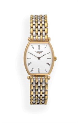 Lot 2173 - A Lady's Bi-Metal Tonneau Shaped Wristwatch, signed Longines, model: La Grande Classique de...