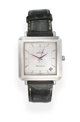 Lot 2184 - A Stainless Steel Automatic Calendar Centre Seconds Wristwatch, signed Zenith, ref: 90/01 0100 670