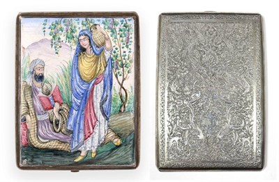 Lot 2217 - A Persian Enamel Cigarette Case, unmarked, 1st half 20th century, decorated with figures in a...