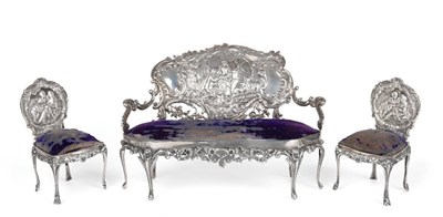 Lot 2228 - An Edwardian Silver Miniature Sofa and Pair of Side Chairs, William Comyns, London 1902, the...