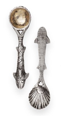Lot 2265 - A Pair of Cast Silver Salt Spoons, unmarked, likely 19th century, with shell bowl, the handle...