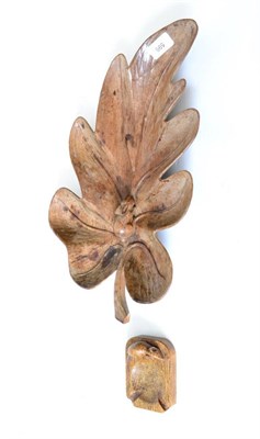 Lot 599 - A Sid Pollard Oak Leaf Dish,  with carved rabbit signature, 43cm long; and  A Robert "Mouseman"...