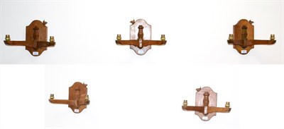 Lot 601 - A Set of Five Bob  "Wrenman " Hunter Oak Double Wall Light Brackets, each with shaped...