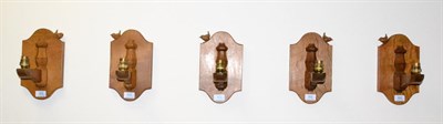 Lot 602 - A Set of Five Bob  "Wrenman " Hunter Oak Single Wall Light Brackets, each with shaped...