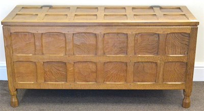 Lot 605 - A Sid Pollard Panelled Oak Blanket Box, wrought-iron hinges, on four octagonal feet, 108cm...