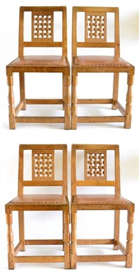 Lot 607 - A Set of Four Sid Pollard Oak Lattice Back Dining Chairs, on turned front legs joined by...