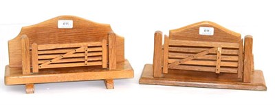 Lot 611 - Two Sid Pollard Oak Gate Letter Racks, the shaped backs on rectangular plinths with field gate,...