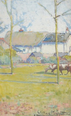 Lot 635 - William Hoggatt RI, RBC, RCamA (1880-1961) Cattle grazing before farm buildings Signed,...