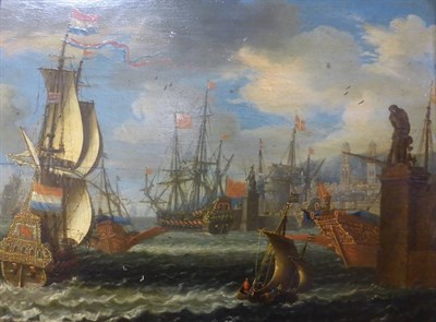 Lot 641 - Follower of Abraham Storck (1644-1708) Dutch  Bustling harbour scene Oil on panel, 21.5cm by 28cm