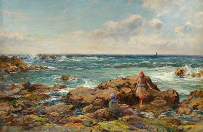 Lot 644 - Frederic Stuart Richardson RSW RI ROI (1855-1934)  "The Mussel Gatherers " Signed, bears...