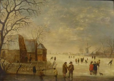 Lot 645 - Follower of H Avercamp (1585-1634) Dutch  Frozen river scene with figures Oil on panel, 18.5cm...