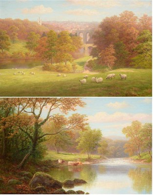 Lot 649 - William Mellor (1851-1931)  "Knaresborough from Bilton Fields "  "On the Wharfe Bolton Woods,...