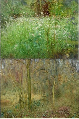 Lot 651 - Arthur Hacker RA (1858-1919)  Oxeye daisies and other flowers in a meadow  Woodland  One...