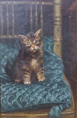 Lot 653 - John William Hepple (1853-1937) Kitten seated on a quilted silk cushion  Signed and dated 1906, oil