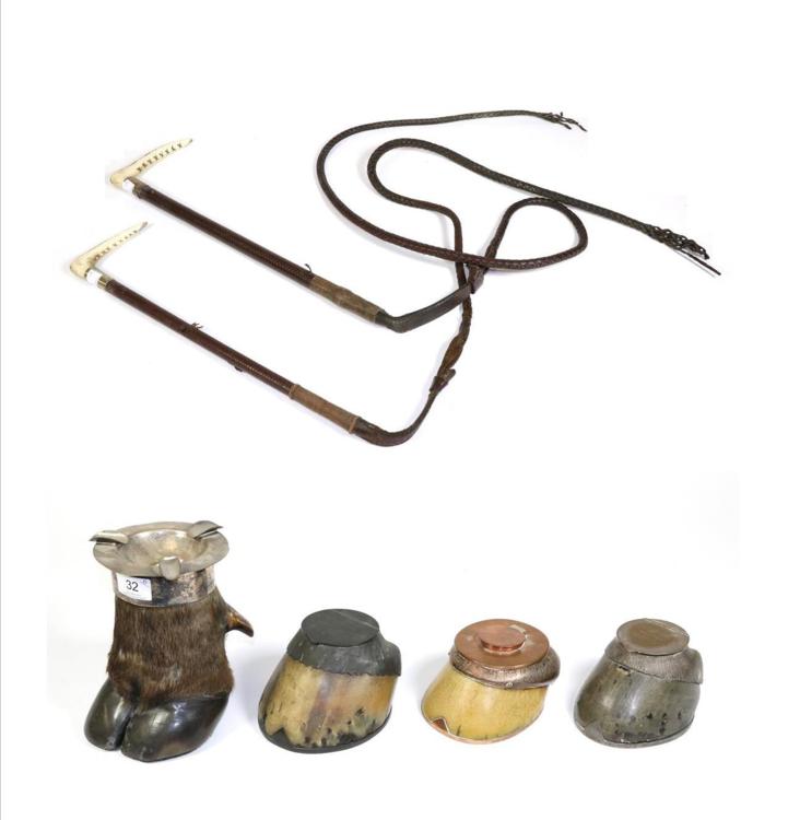Lot 32 - Taxidermy: A Collection of Inkwells and Ashtrays, a Horse hoof inkwell with silver plated shoe...