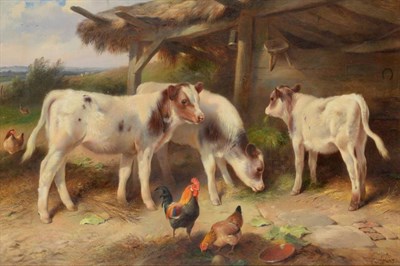 Lot 659 - Walter Hunt (1861-1941) Calves feeding at a trough in a stable yard Signed and dated 1918, oil...