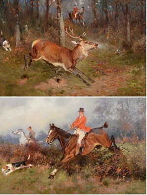 Lot 660 - William Woodhouse (1857-1937) Full cry A stag in flight Each signed, oil on board, 18.5cm by 28.5cm