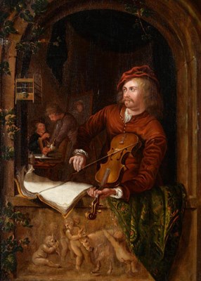 Lot 663 - Follower of Gerrit Dou (1613-1675) Dutch Gentleman playing a violin in a casement window  Oil...