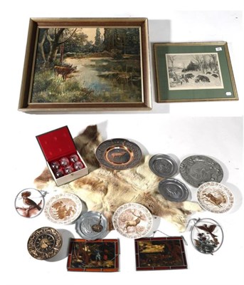 Lot 164 - Hunting Interest: A Collection of Various Hunting Memorabilia, a boxed set of engraved drinking...