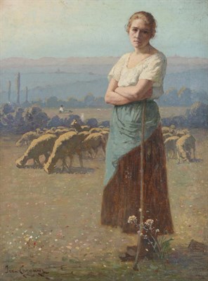 Lot 670 - Jean Laronze (1852-1937) French Shepherdess standing in a summer landscape before a flock of sheep