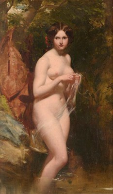 Lot 671 - Attributed to William Etty RA (1787-1849)  Bather in a woodland pool  Oil on canvas, 39cm by 23cm