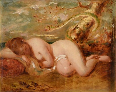 Lot 672 - William Etty RA (1787 -1849)  "The Back Biter " Eve and the Serpent  Oil on panel, 14.5cm by 18.5cm