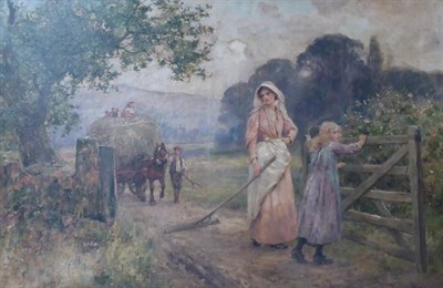 Lot 675 - Henry John Yeend King VPRI, ROI (1855-1924) Mother and daughter at an open gateway with a hay...