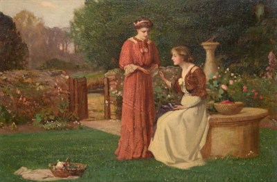 Lot 676 - Fred Appleyard (1874-1963)  Elegant ladies conversing over needlework in a summer garden...