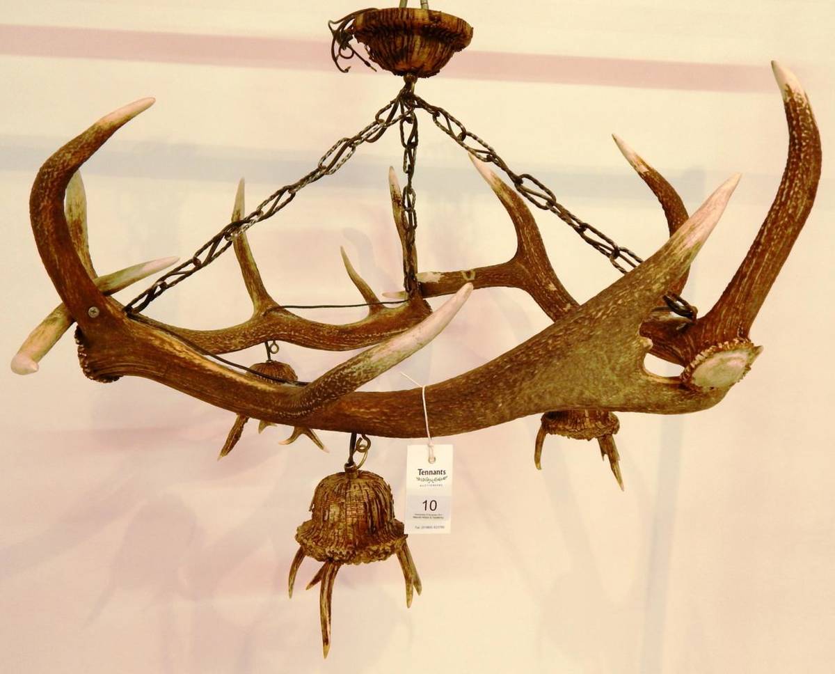 Lot 10 - Taxidermy: An Austro-German Red Deer Antler Mounted Chandelier, constructed from three shed antlers