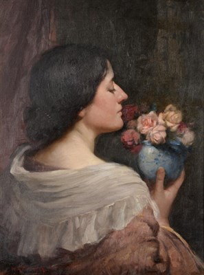 Lot 677 - William Kay Blacklock (1872-1922) An elegant lady standing with a bowl of roses Signed and...