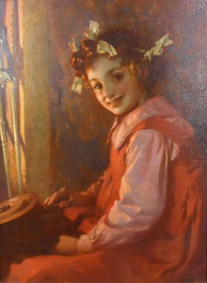 Lot 678 - James Clark (19th/20th century)  "Firespirit " - A young girl seated at a fireside with bellows...