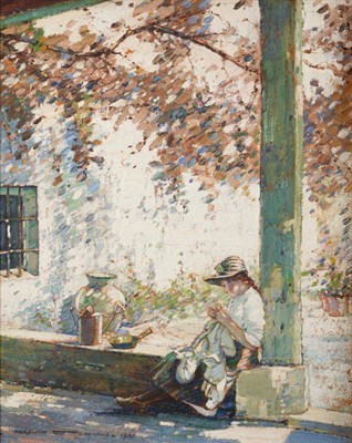 Lot 682 - Kershaw Schofield (1872-1941) Little girl sitting against a pillar in dappled sunlight Signed...