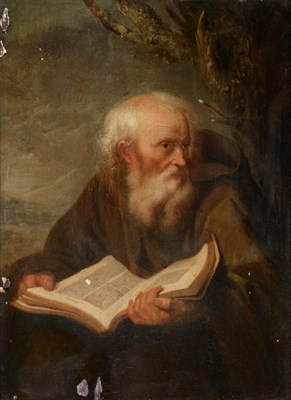 Lot 684 - Follower of Gerrit Dou (1613-1675) Dutch  Saint reading in the wilderness Oil on panel, 27.5cm...