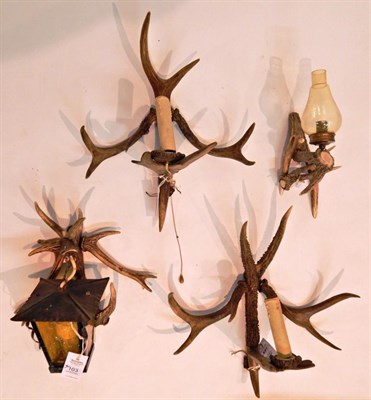 Lot 103 - Taxidermy: Four Various Austro German Antler Mounted Wall Lights, two matching wall lights...