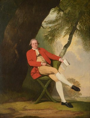 Lot 695 - Attributed to Francis Wheatley RA (1747-1801) Portrait of Squire Austin wearing a red jacket...