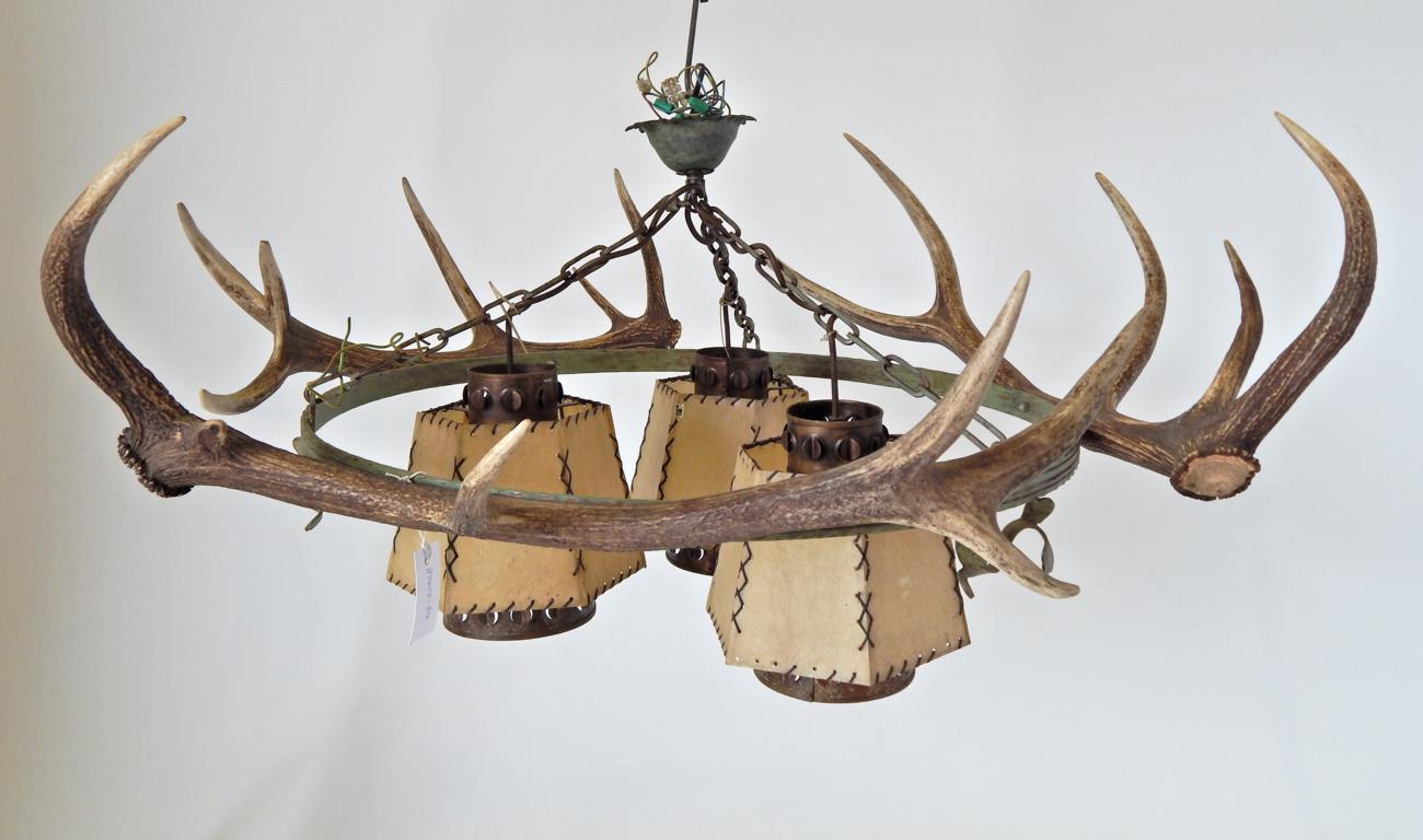 Lot 88 - Taxidermy: Red Deer Antler Mounted Chandelier, constructed from a central metal ring with leaf...