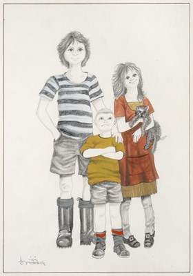 Lot 724 - Brian Shields  "Bráaq " FBA (1951-1997)  "We Three and Our Cat " Signed, pencil and...