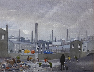 Lot 728 - Geoffrey W Birks YWS (1929-1993) Figures rummaging in a wasteland before an industrial town...