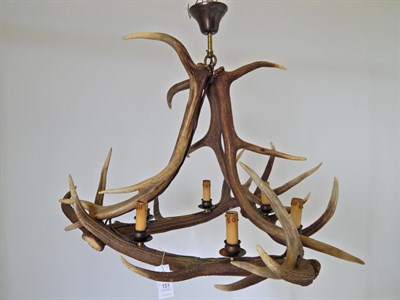 Lot 151 - An Austro-German Red Deer Antler Chandelier, constructed from six Red Deer antlers, fitted with six
