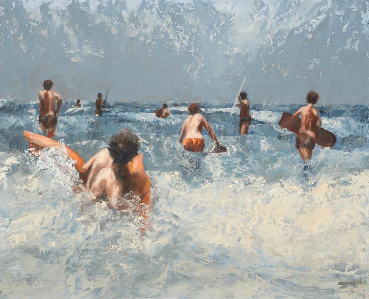 Lot 735 - David Stefan Przepiora (b.1944)  "Surfers " Signed and dated (19)73, 98cm by 121cm   * Artists'...