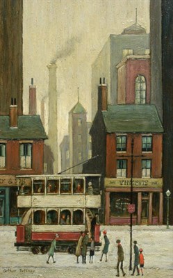 Lot 746 - Arthur Delaney (1927-1987)  "Tram Stop & Tall Mills "  Signed, signed and inscribed verso, oil...