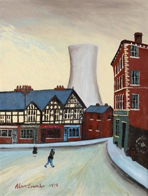 Lot 752 - Alan Lowndes (1921-1978)   Figures walking before shop fronts and a cooling tower beyond Signed and