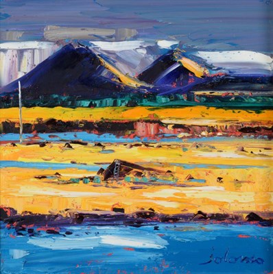 Lot 755 - John Lowrie Morrison ( "Jolomo ") (b.1948)   "Paps of Jura & Peat Stacks, Islay " Signed,...