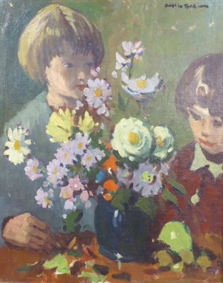 Lot 757 - Donald McIntyre RCA (1923-2009) Two young girls arranging a vase of flowers Signed, oil on...