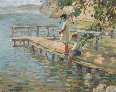 Lot 758 - Dorothea Sharp RBA, ROI, VPSWA (1874-1955)  "Playmates "  Signed, oil on board, 48.5cm by 60.5cm